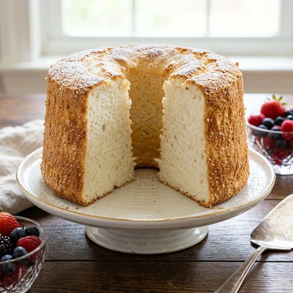Delicious homemade Angel Food Cake on a decorative plate