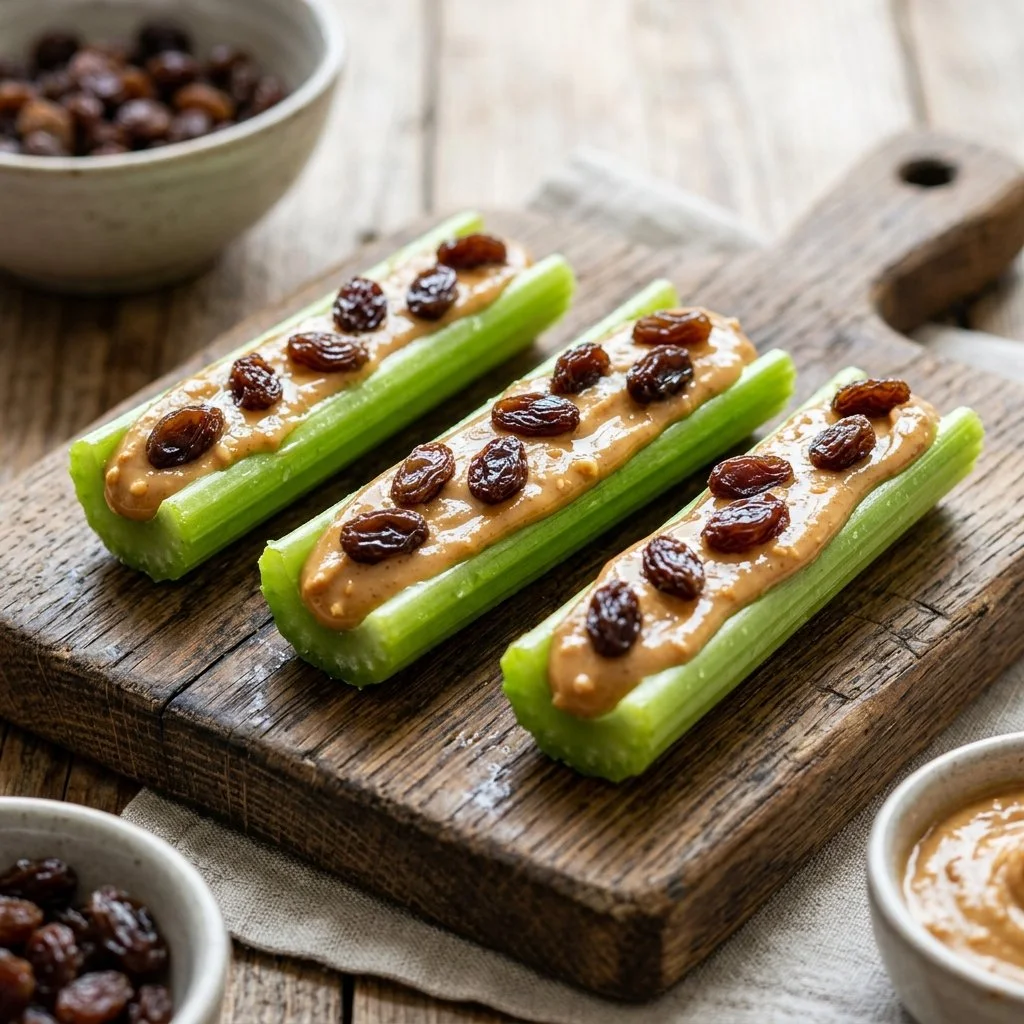 Delicious ants on a log snack with peanut butter, celery, and raisins