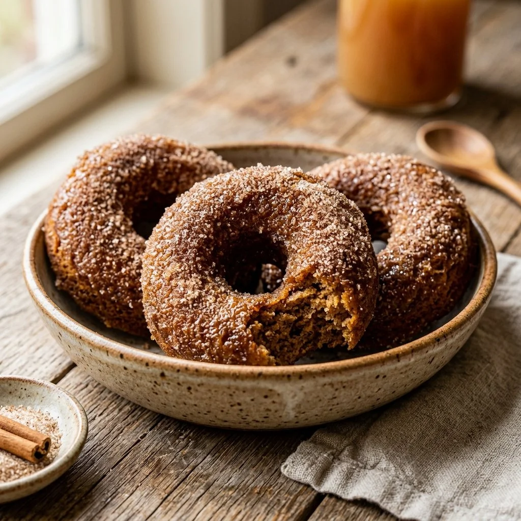 Freshly baked Apple Cider Donuts with a cinnamon sugar topping.