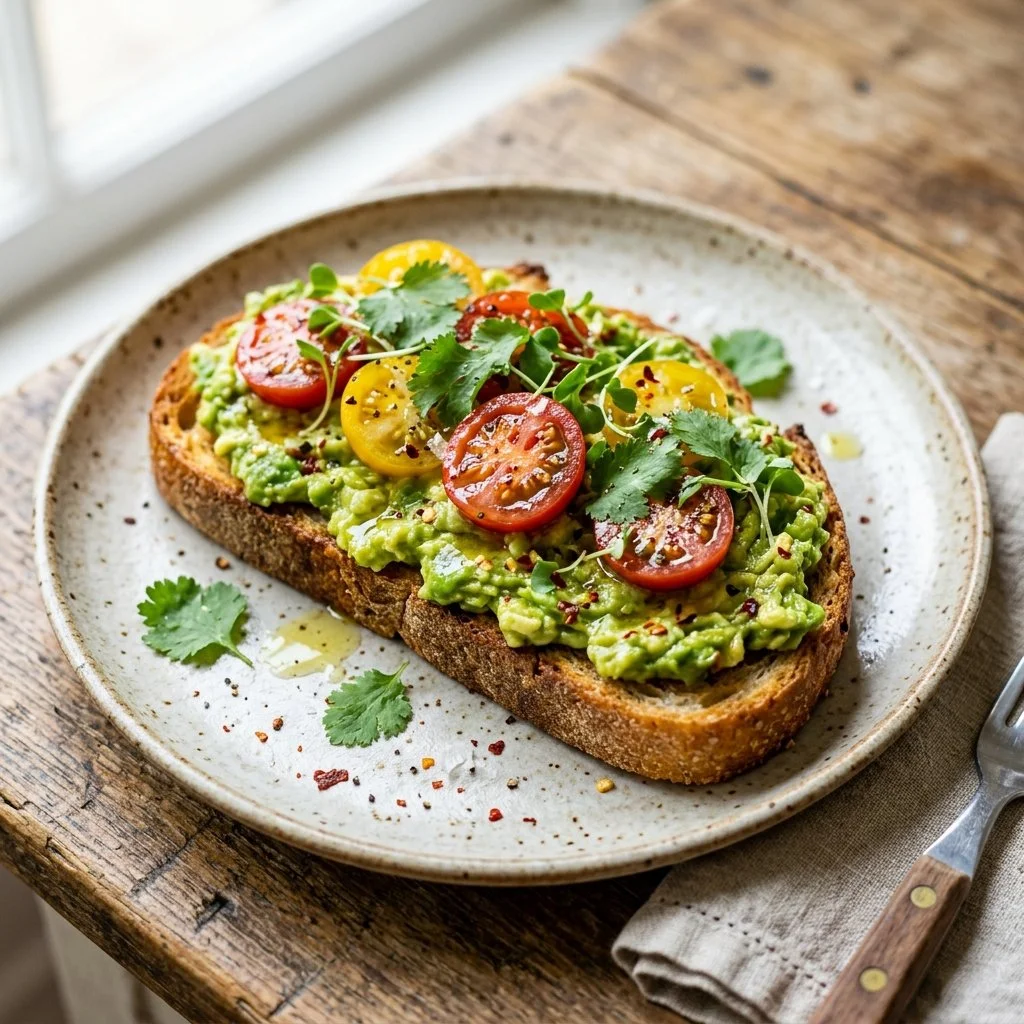 Sliced avocado on toasted bread topped with seasonings and herbs.