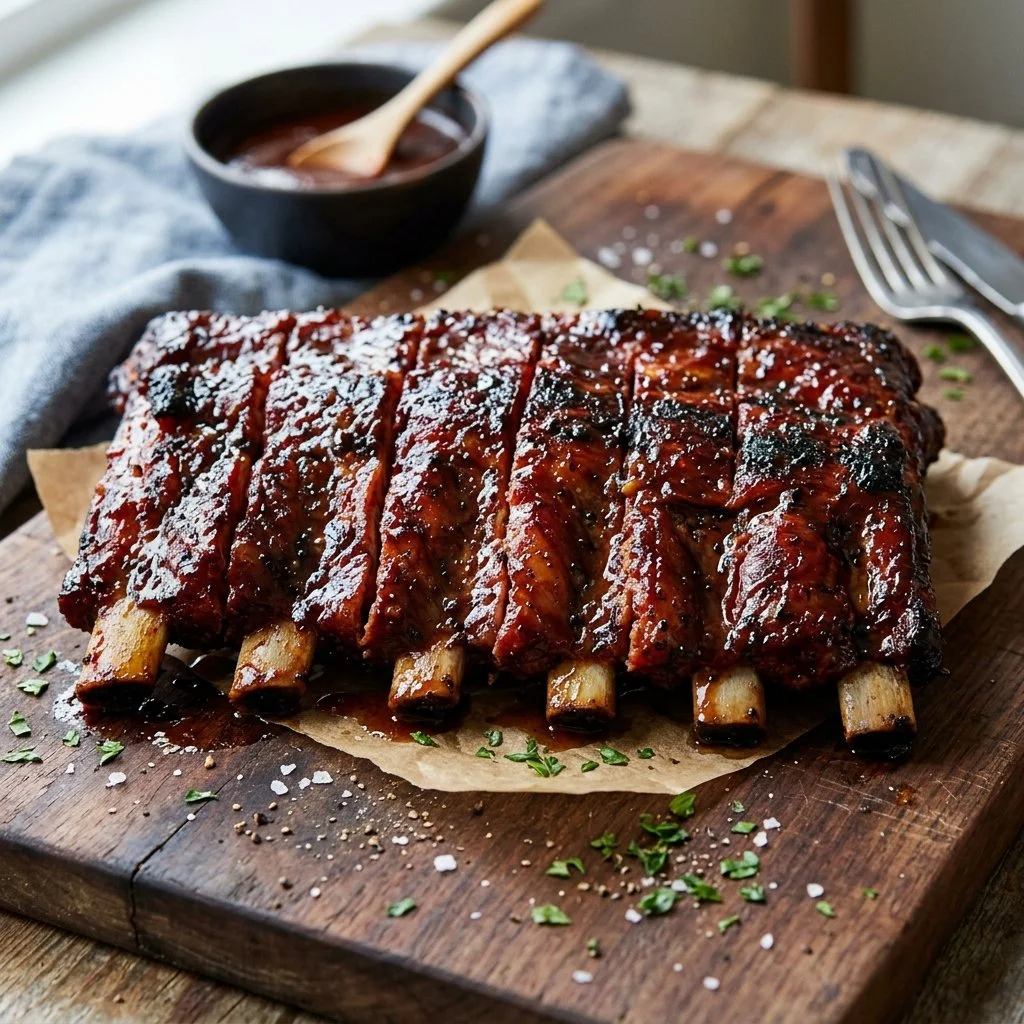 Deliciously grilled baby back ribs served on a plate with barbecue sauce.