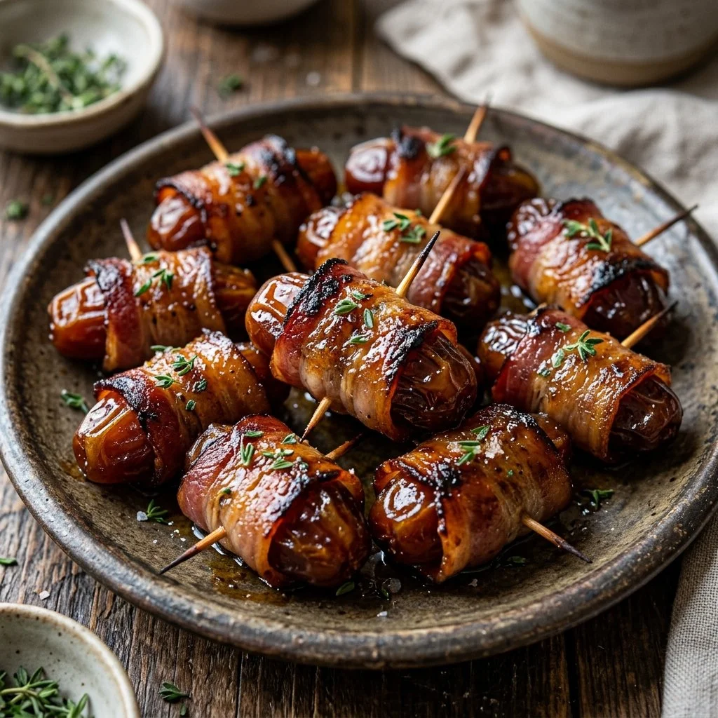 Delicious bacon wrapped dates on a serving platter, perfect appetizer.