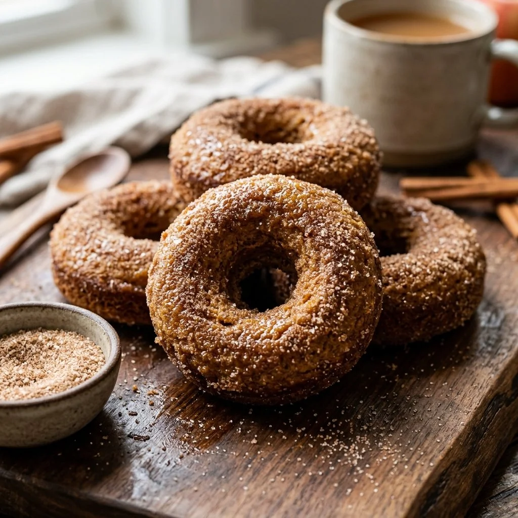Delicious baked apple cider donuts topped with cinnamon sugar on a plate