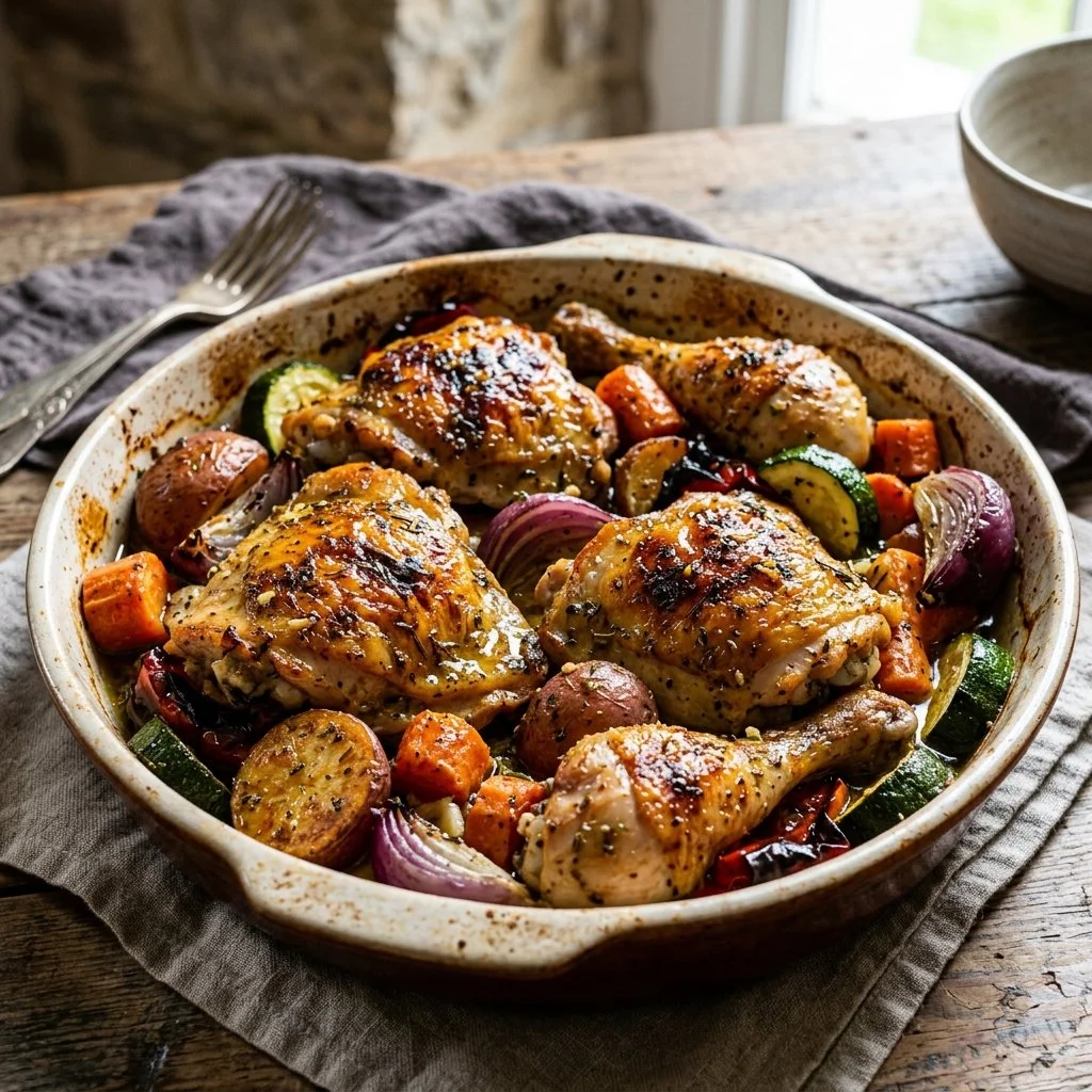 Baked chicken served with colorful roasted vegetables on a plate