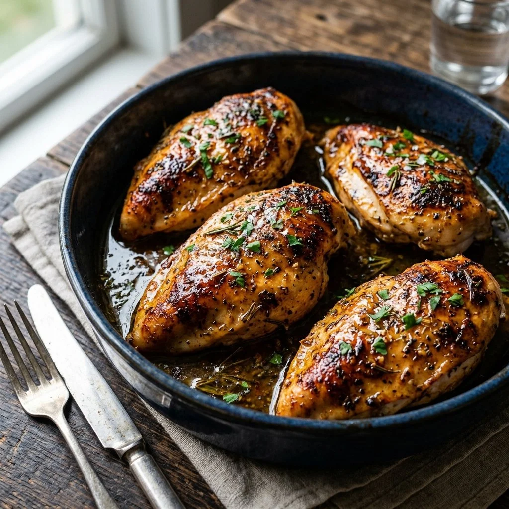 Delicious baked chicken breasts freshly cooked with herbs and spices