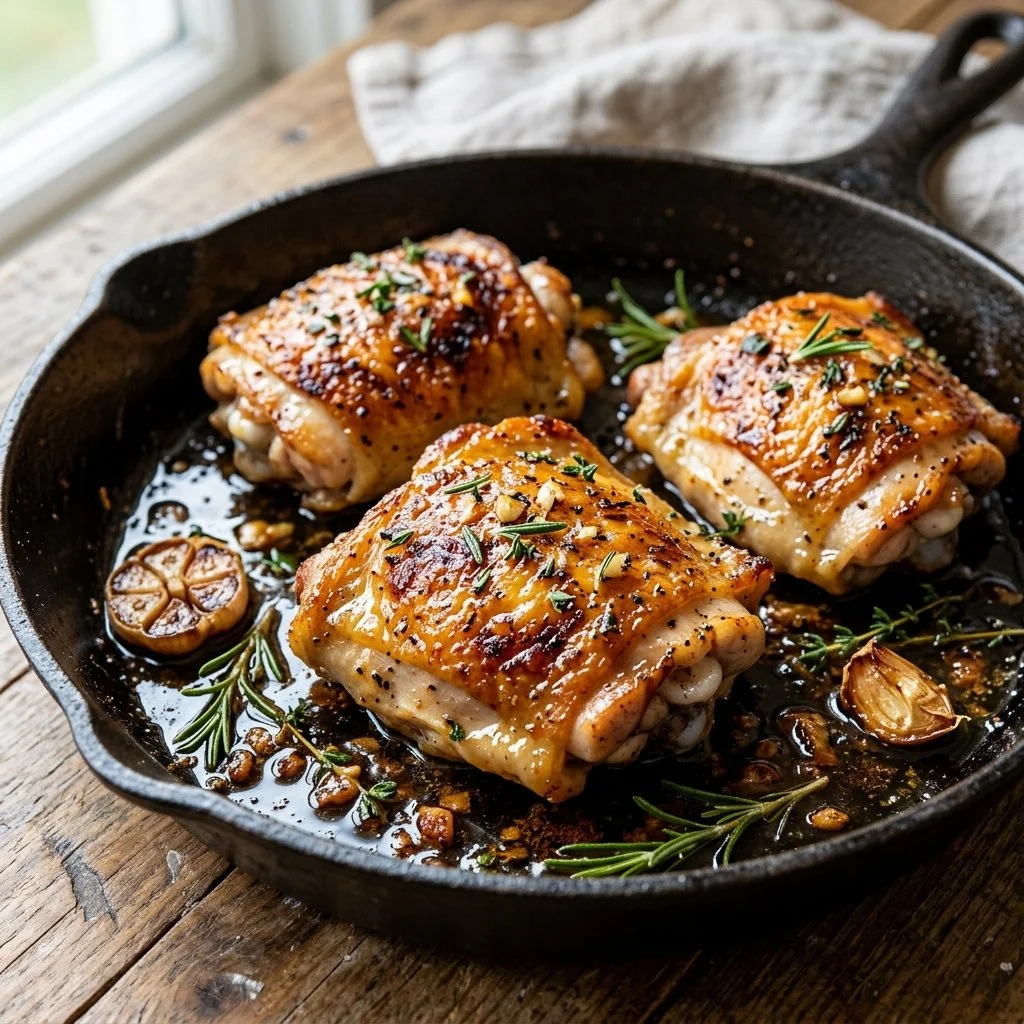 Deliciously seasoned Baked Chicken Thighs served on a plate with herbs