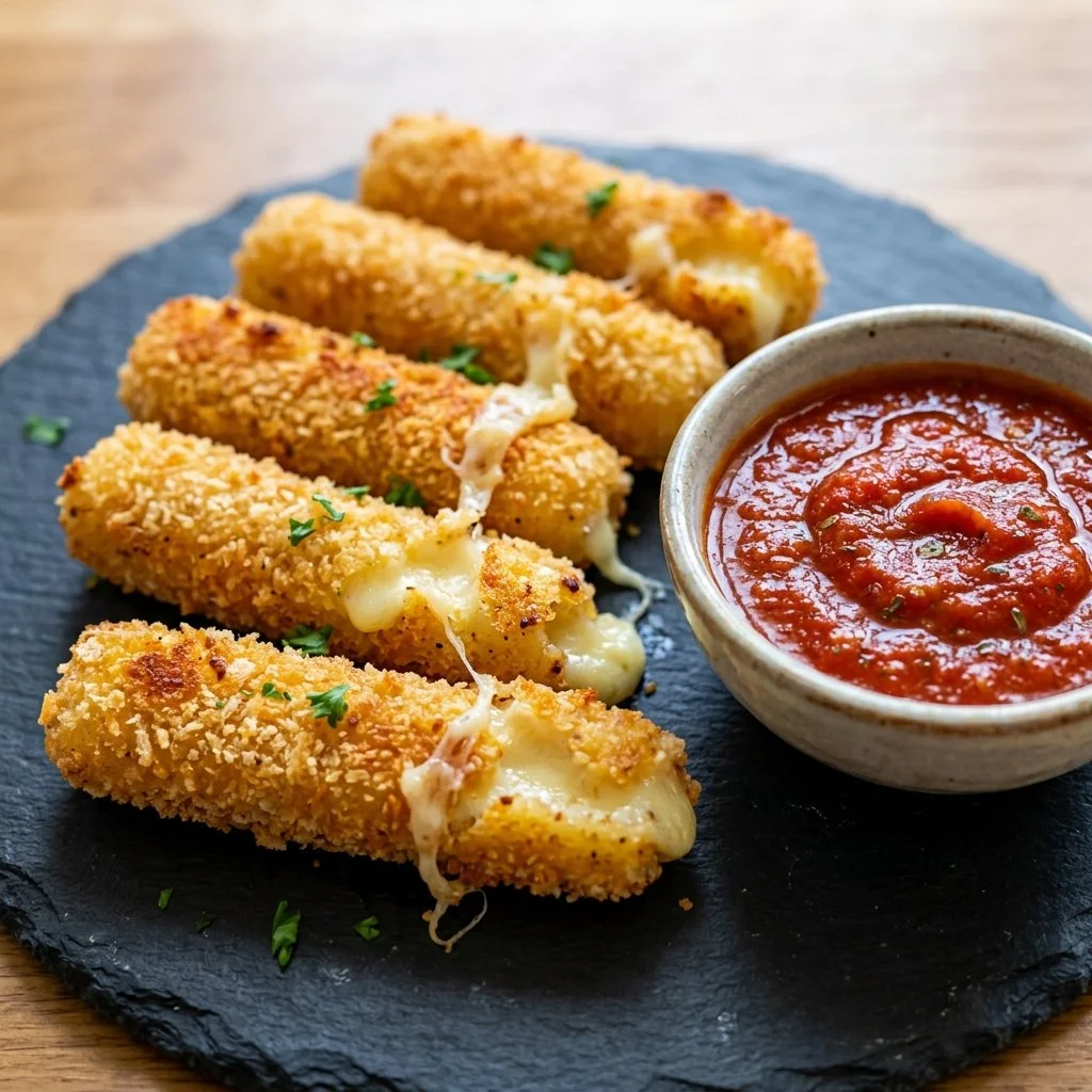 Plate of golden baked mozzarella sticks ready to be served with marinara sauce.