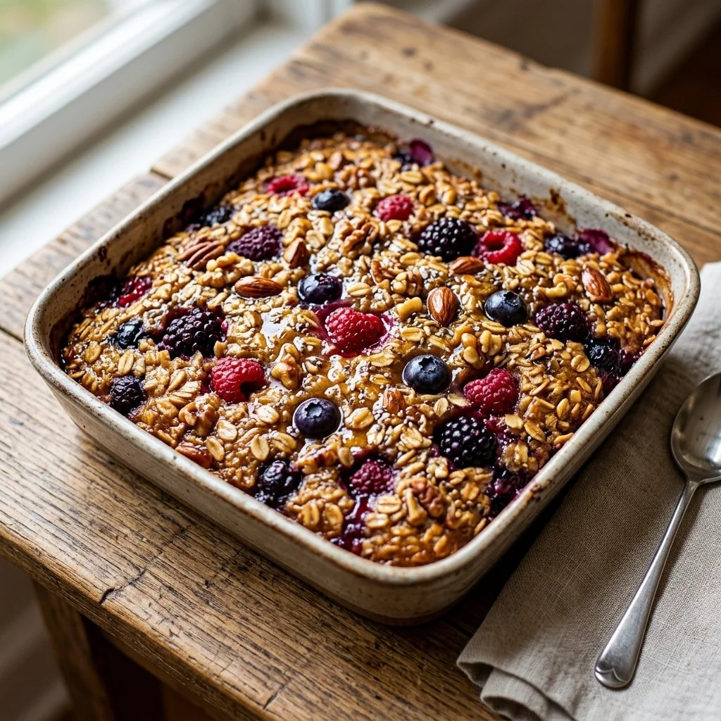 Delicious baked oatmeal topped with fresh fruits and nuts