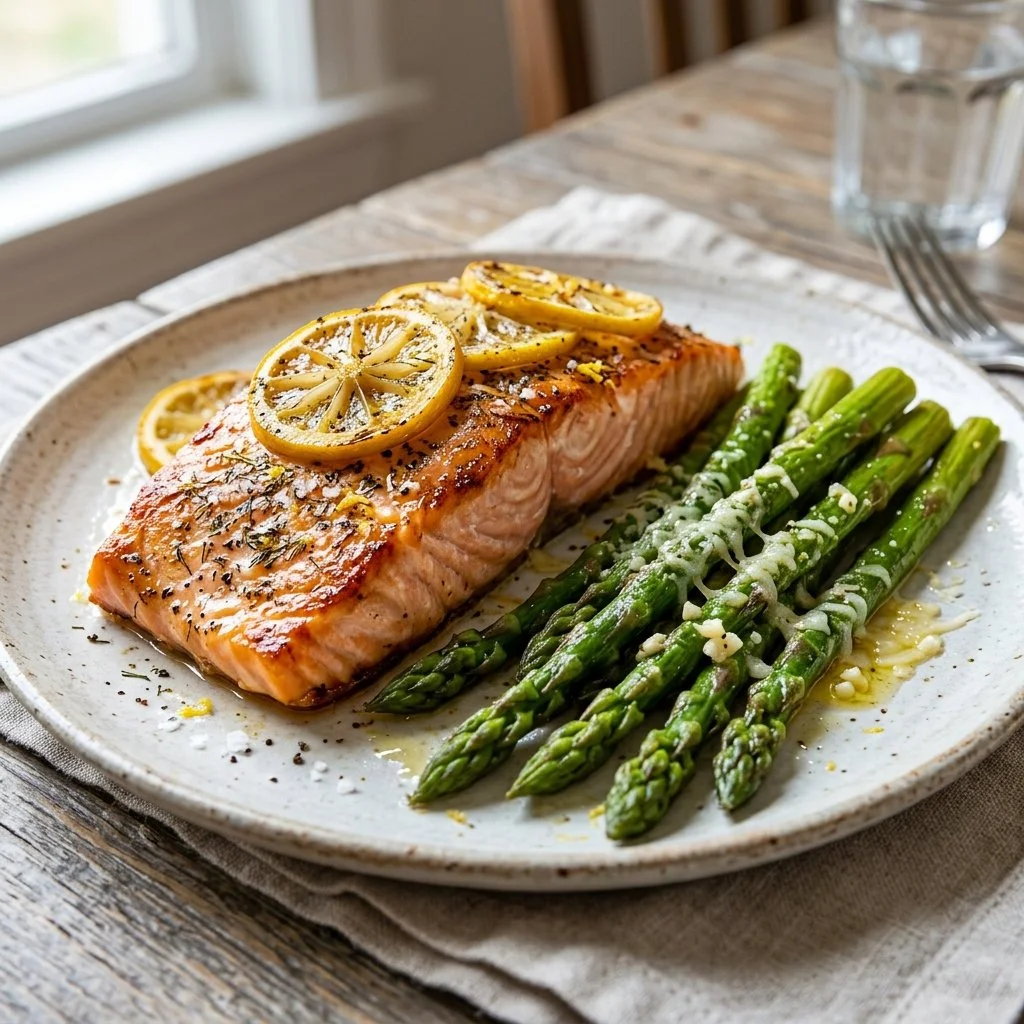 Baked salmon served with roasted asparagus on a plate