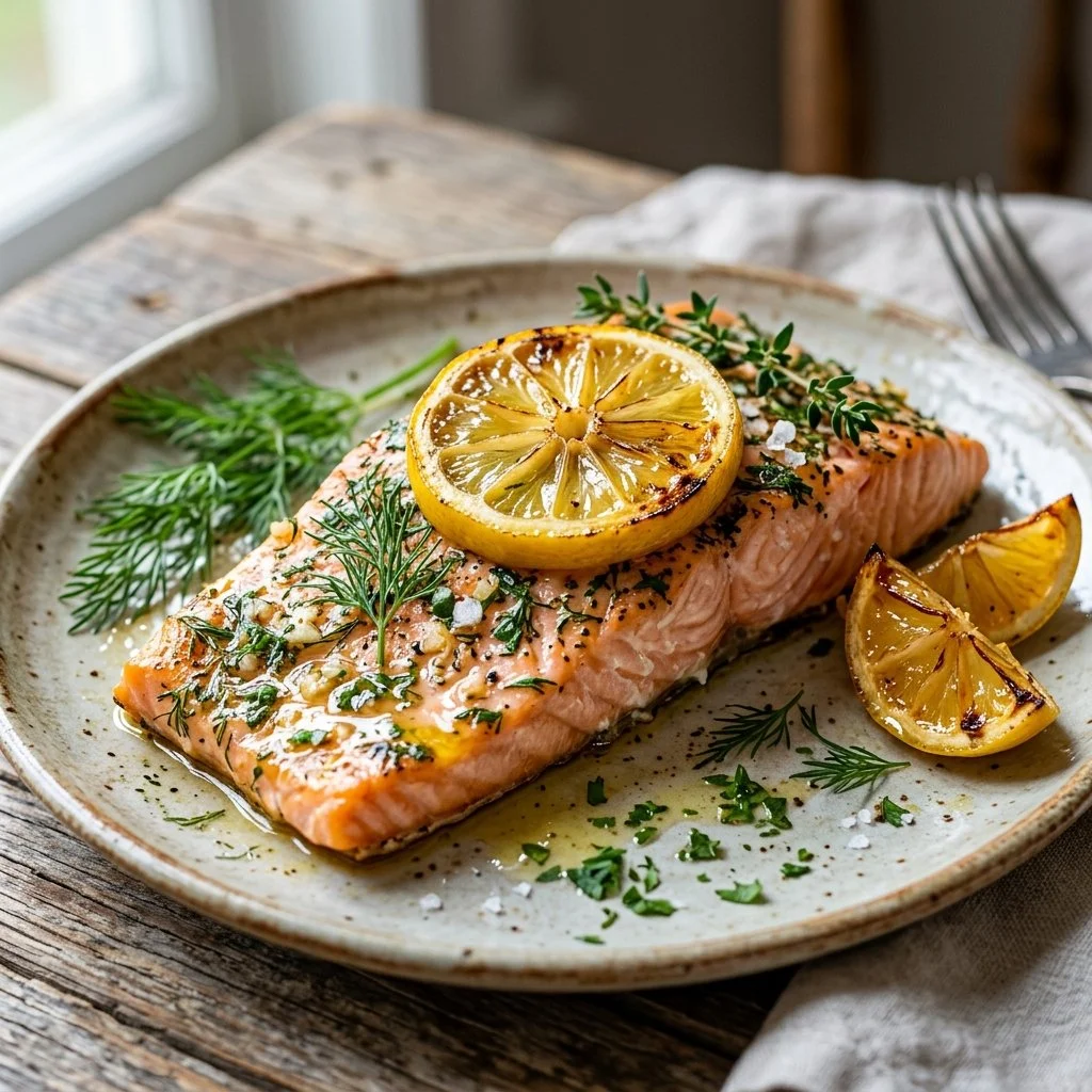 Baked salmon fillet garnished with lemon slices and herbs on a white plate