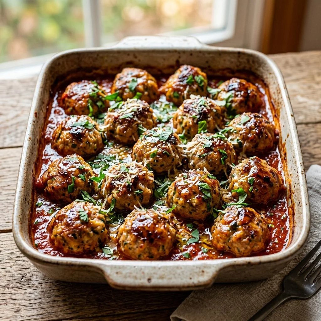 Plate of baked turkey meatballs, garnished with herbs and served with sauce.