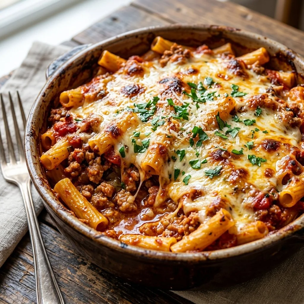 Baked ziti with ground turkey topped with melted cheese and herbs