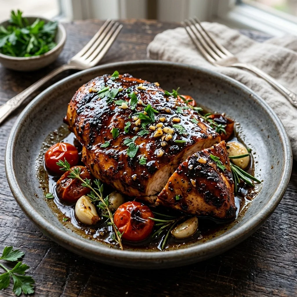 Delicious balsamic glazed chicken served with fresh herbs and vegetables