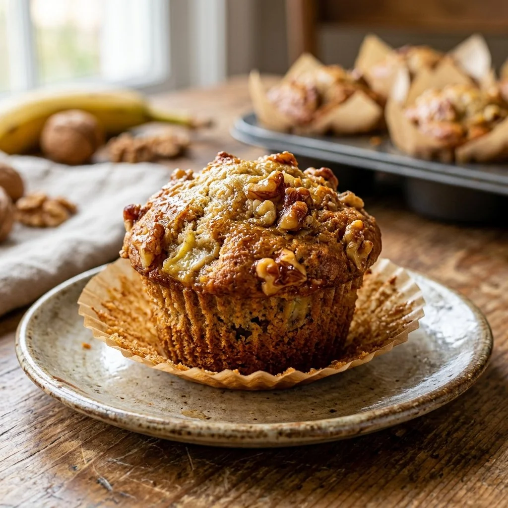 Freshly baked banana nut muffins on a wooden counter