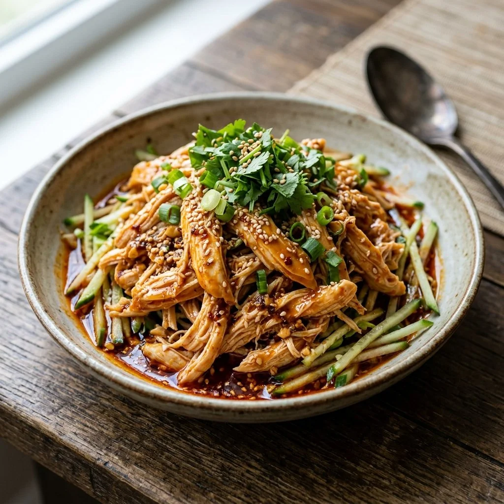 Plate of mouthwatering Bang Bang Chicken garnished with fresh herbs