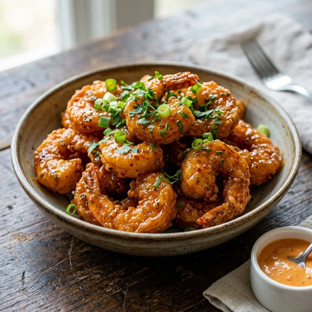 Delicious plate of Bang Bang Shrimp with a spicy creamy sauce