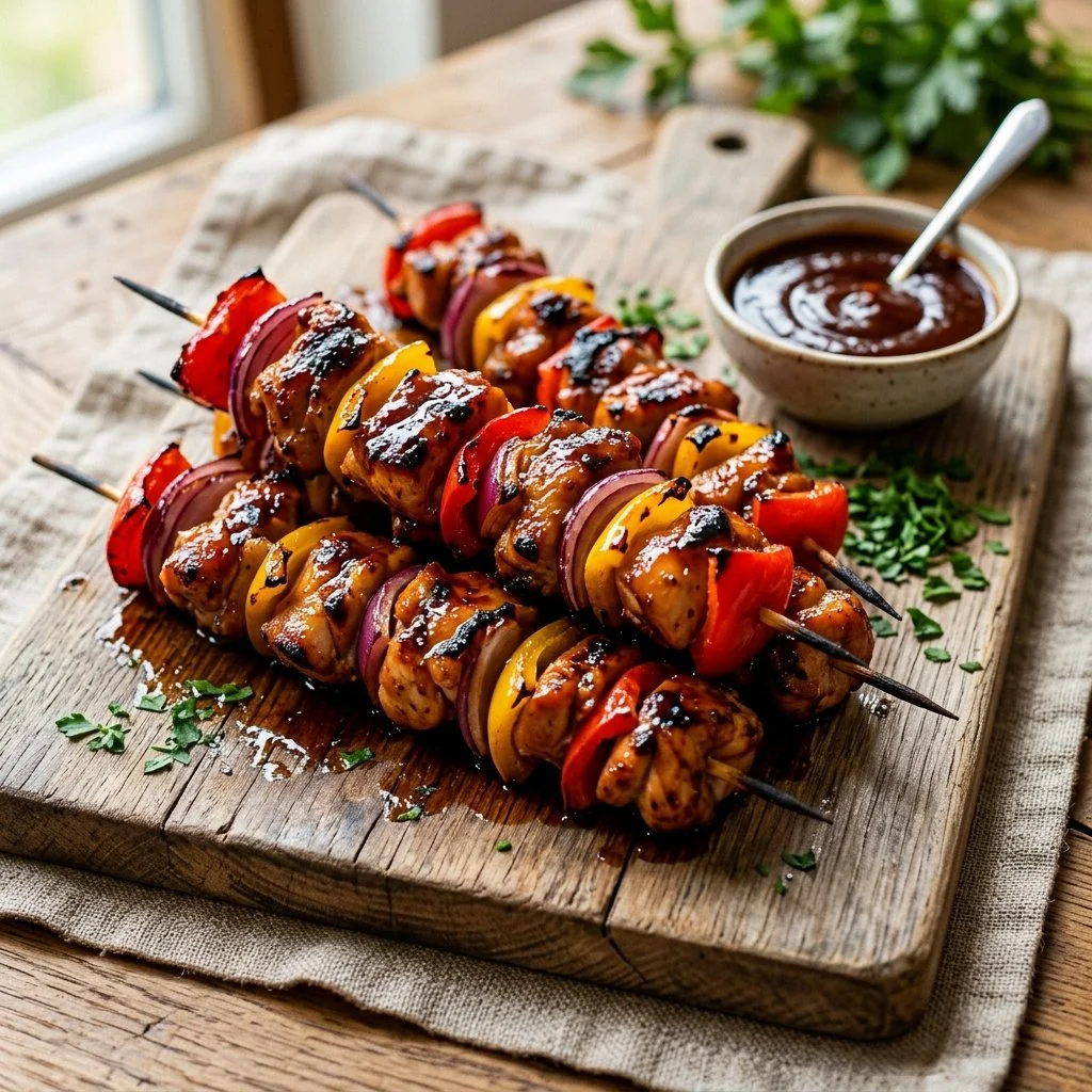 Grilled BBQ chicken skewers served with vegetables on a plate