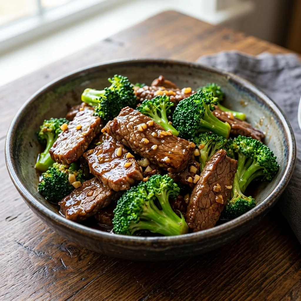 Beef and broccoli stir-fry served on a plate with a side of rice.