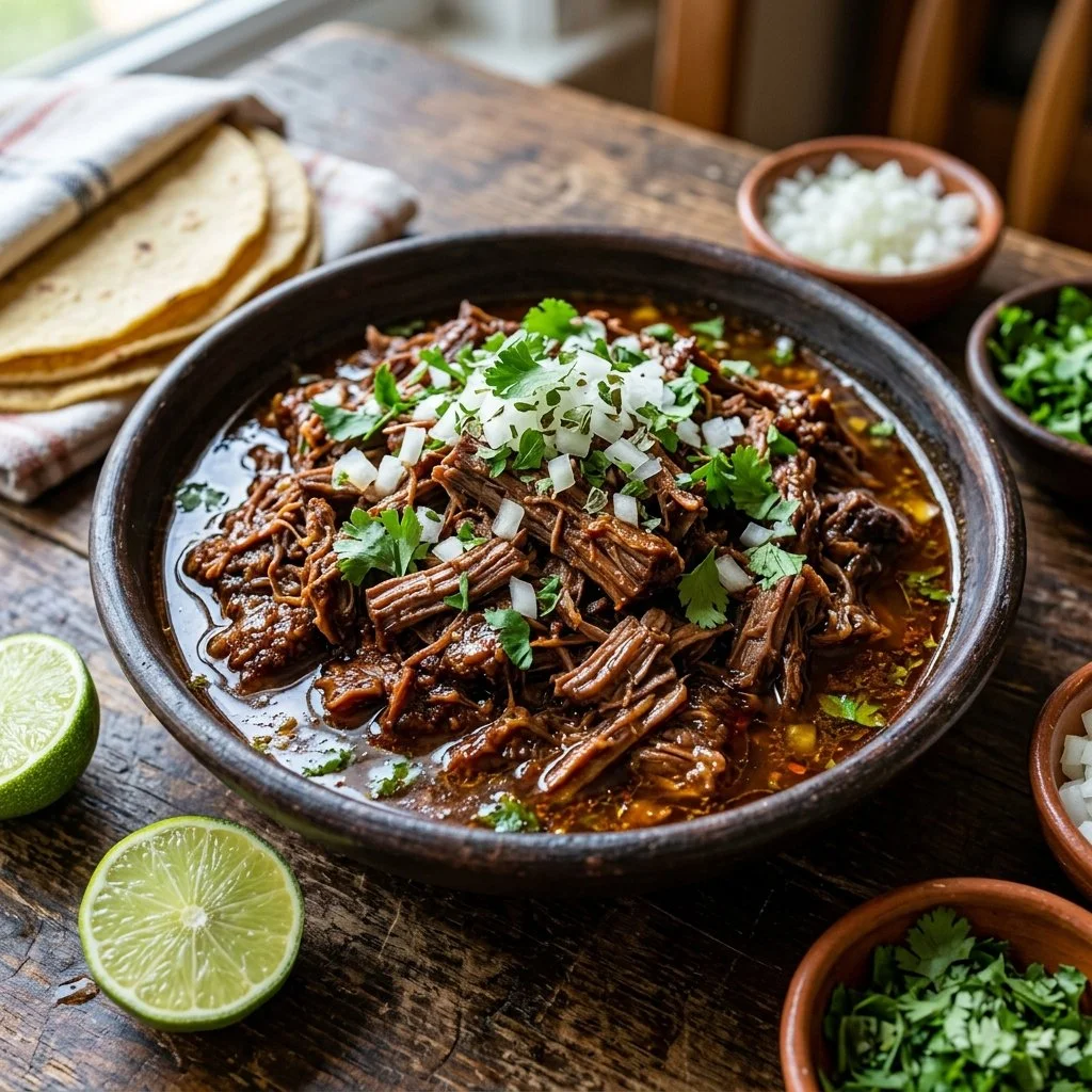 A delicious plate of homemade Beef Barbacoa served with tortillas and toppings.