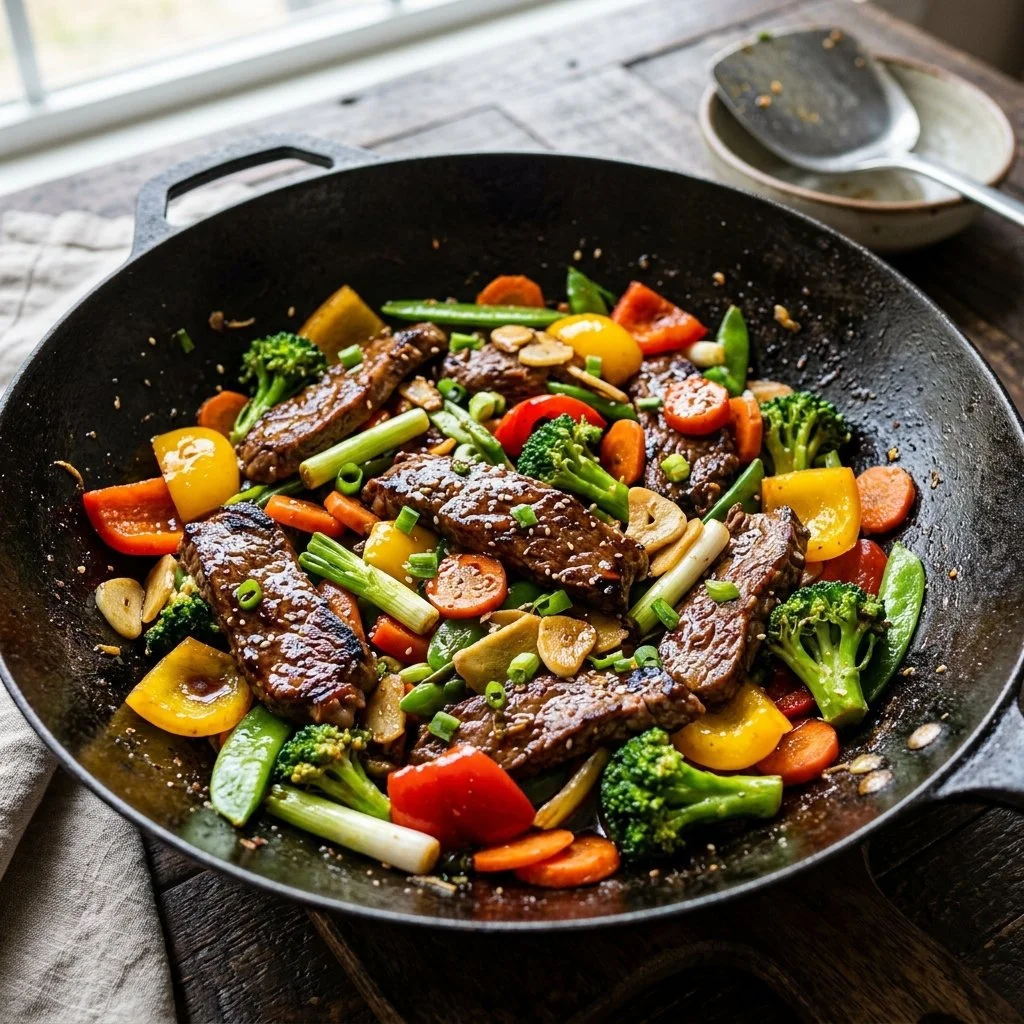 Delicious beef stir fry with colorful vegetables and savory sauce