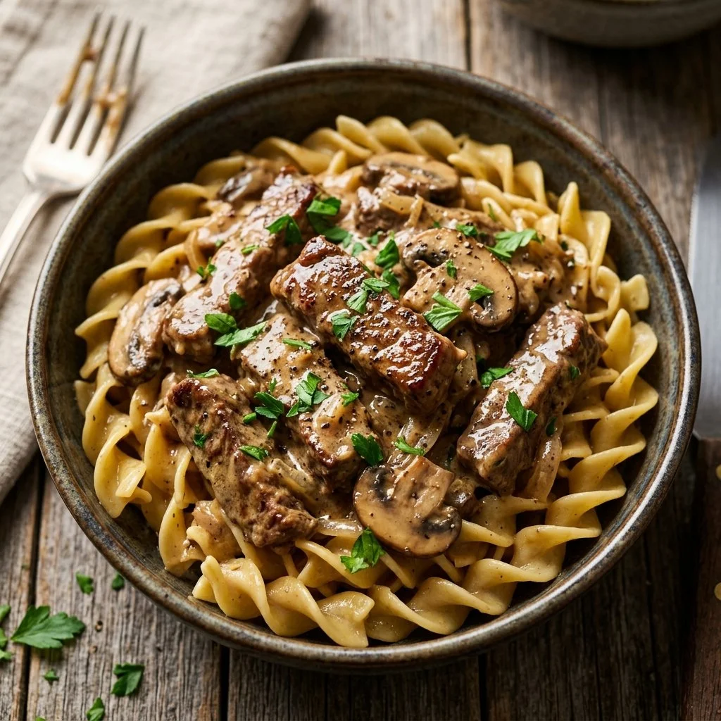 Delicious beef stroganoff served on a plate with noodles and garnished with parsley.