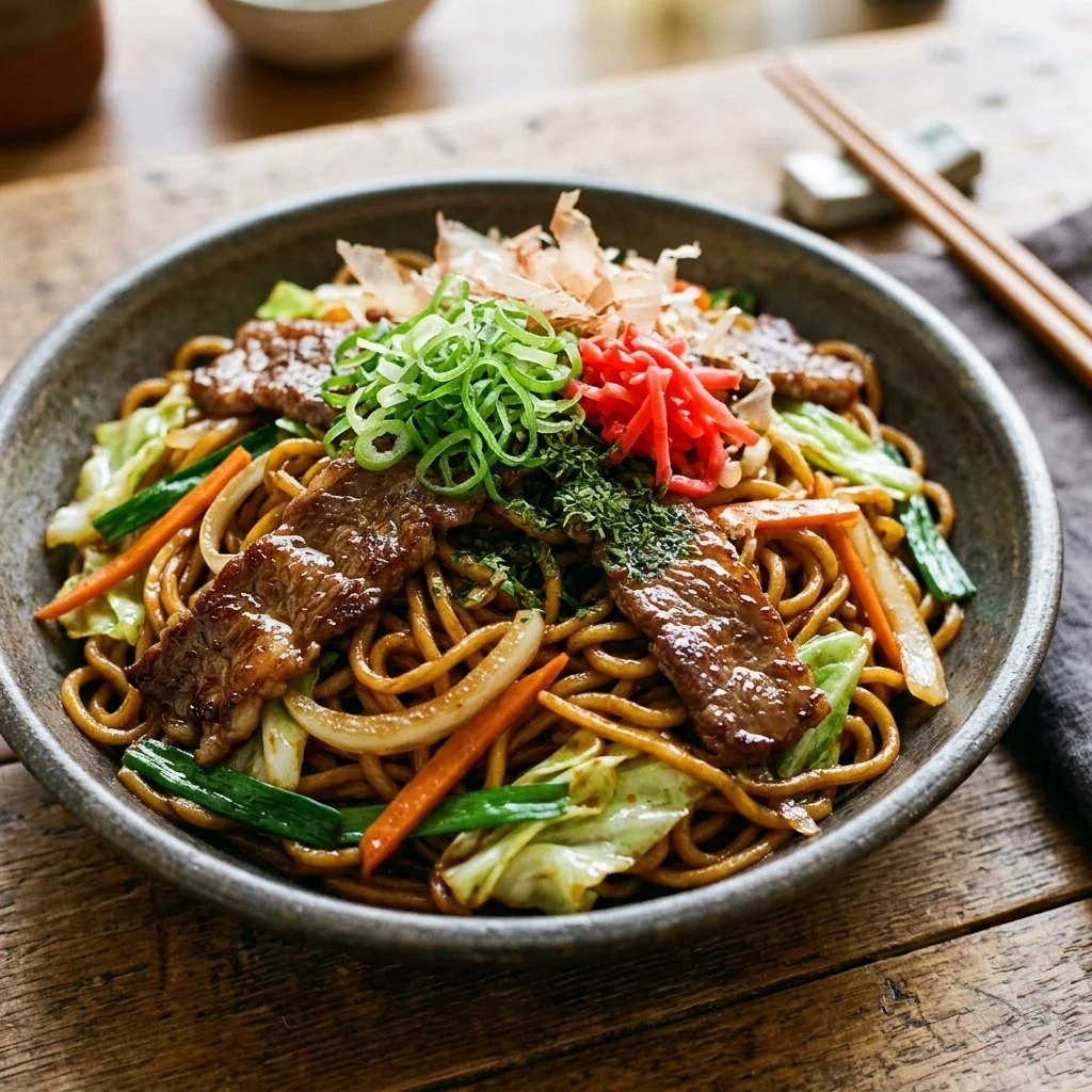 A plate of beef yakisoba with stir-fried noodles and colorful vegetables