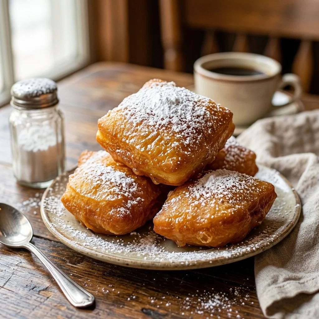 Plate of freshly made beignets dusted with powdered sugar
