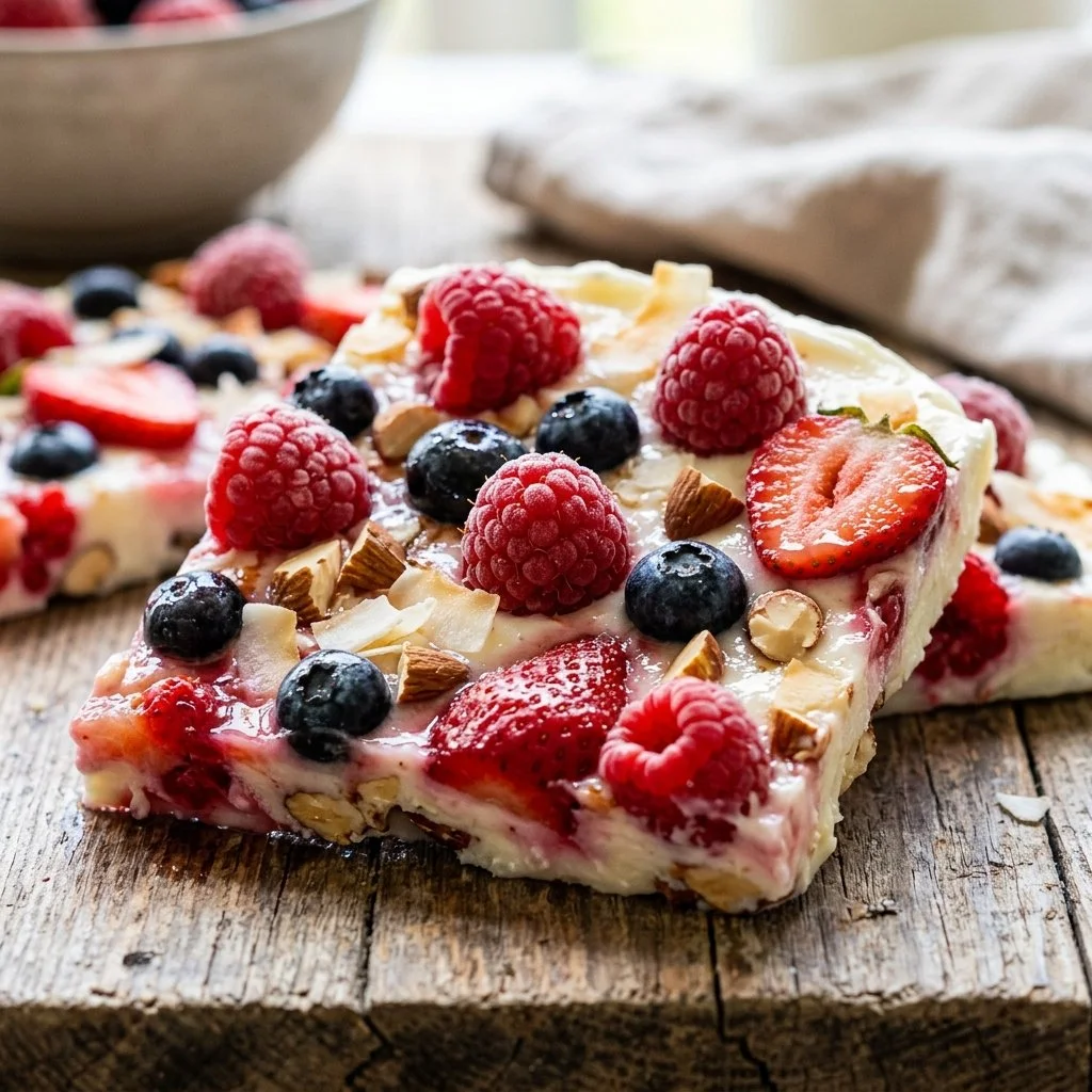 Berry Greek yogurt bark topped with fresh berries and nuts