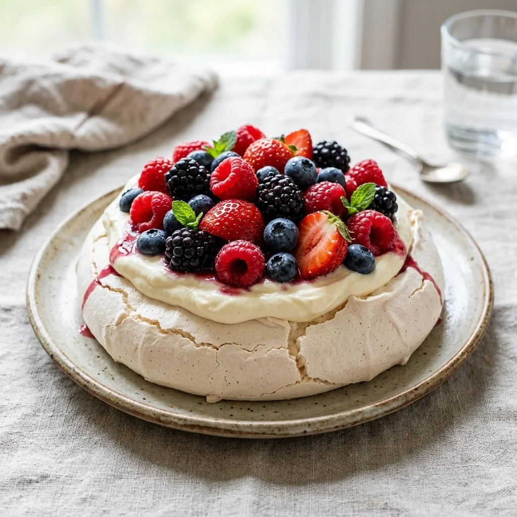 Delicious Berry Pavlova topped with fresh berries and cream on a white plate.