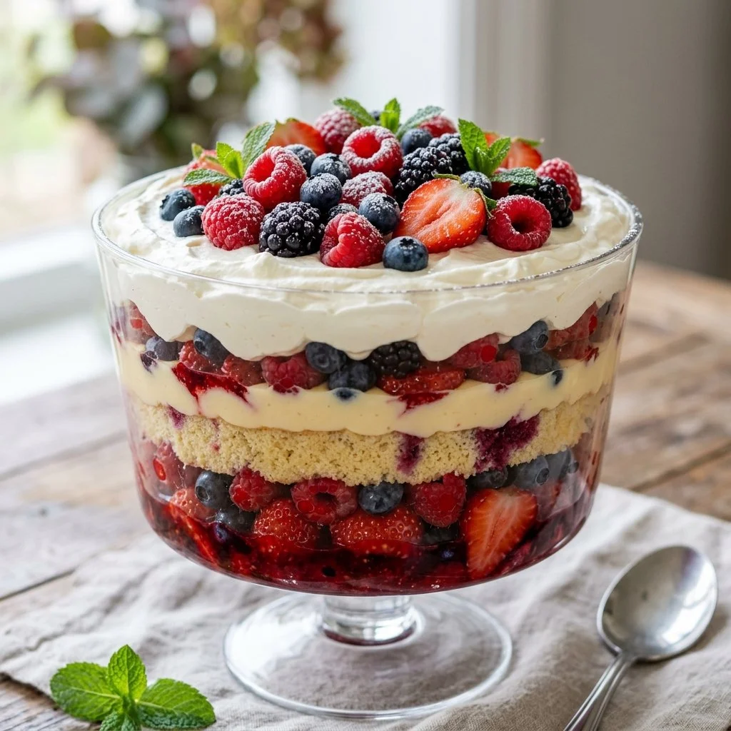 Delicious berry trifle with layers of fruit, cream, and cake.
