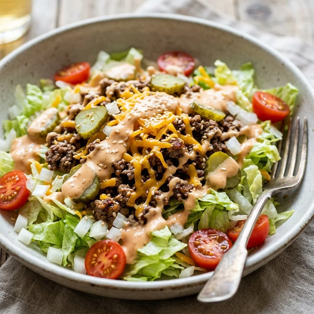 Big Mac Salad featuring lettuce, cheese, pickles, and special sauce.