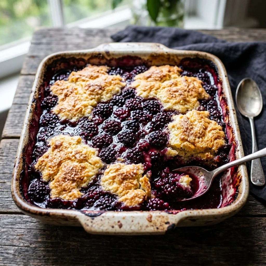 Delicious homemade blackberry cobbler in a baking dish