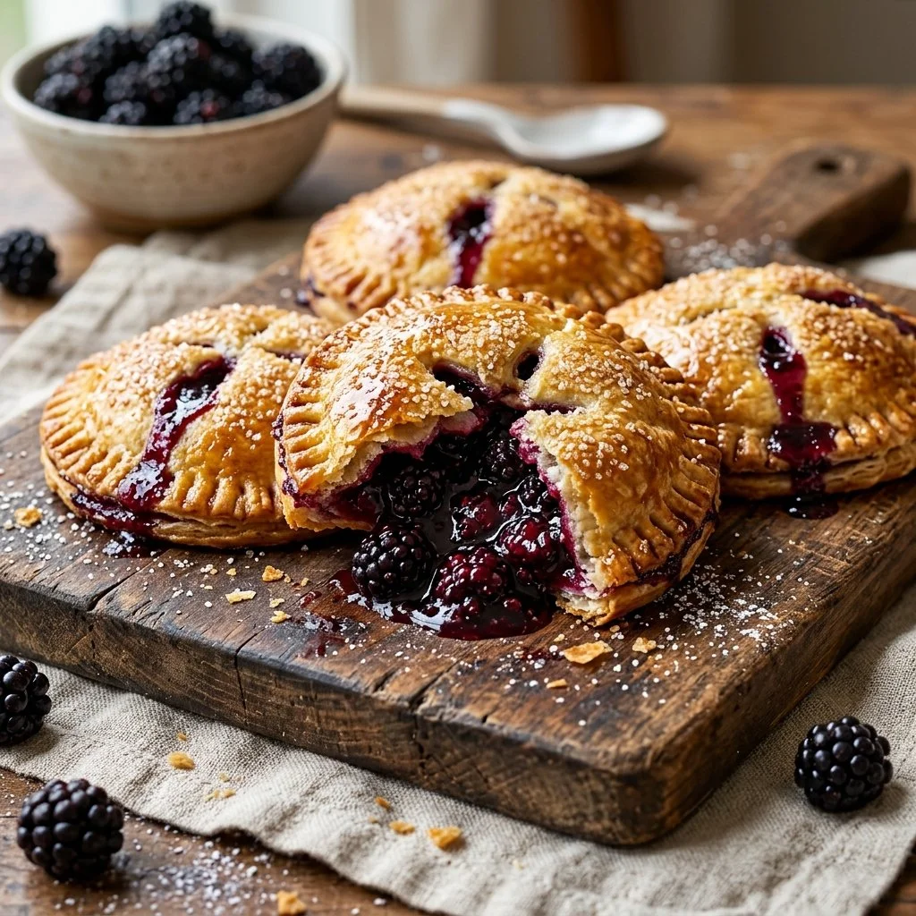 Freshly baked blackberry hand pies on a plate, golden brown and delicious.