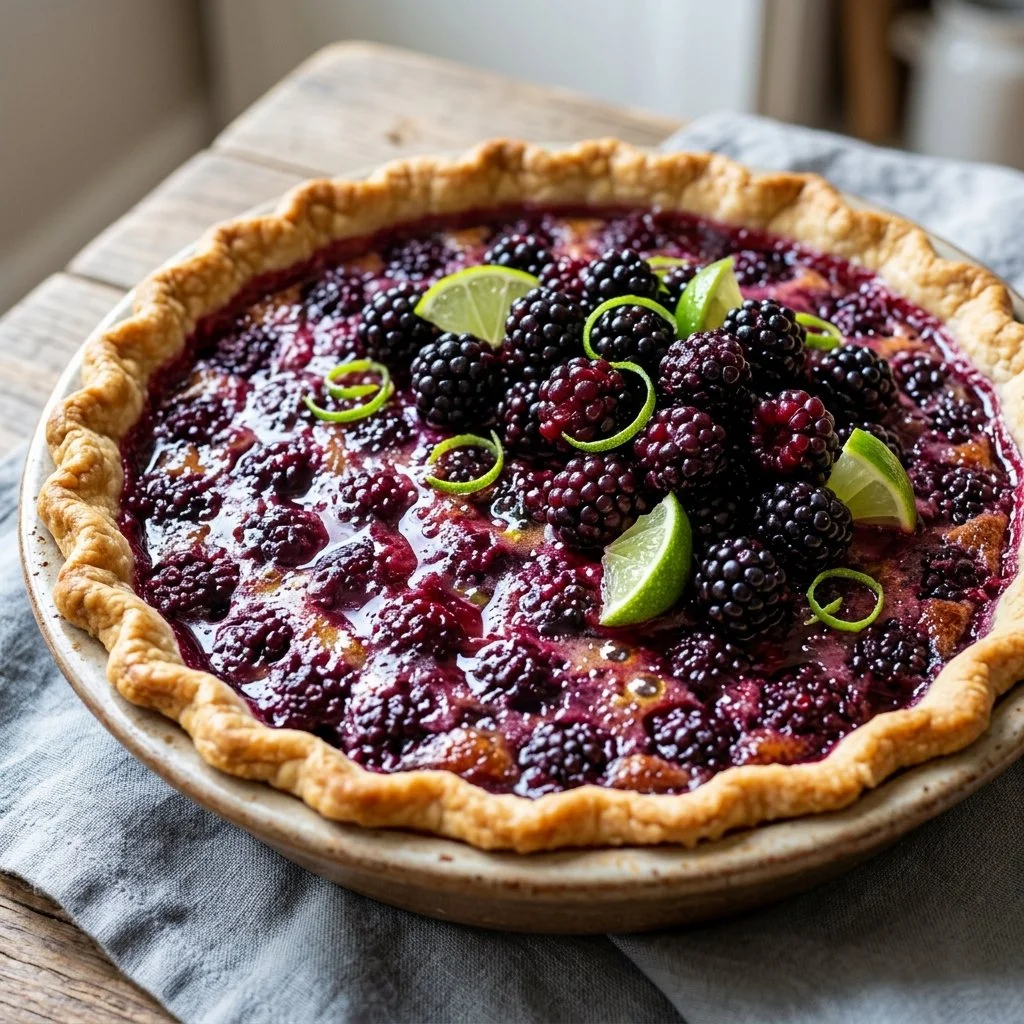 Slice of blackberry lime pie on a plate with fresh blackberries and lime slices.