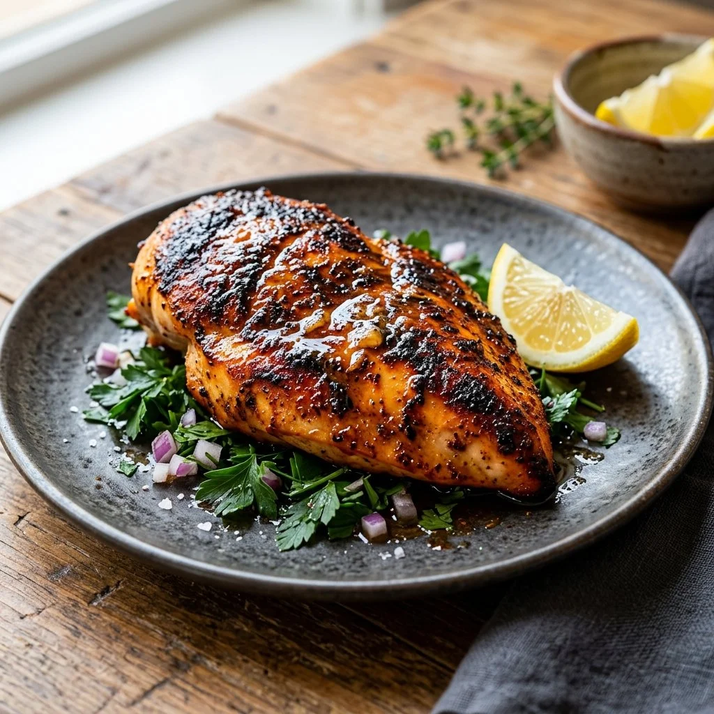 Deliciously seasoned blackened chicken breast served on a plate
