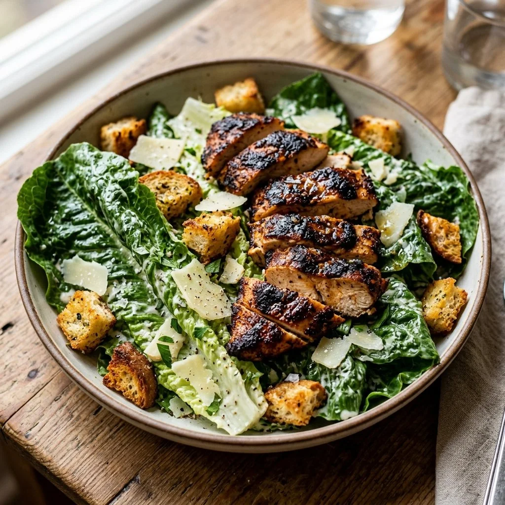 Blackened chicken Caesar salad with fresh greens and dressing