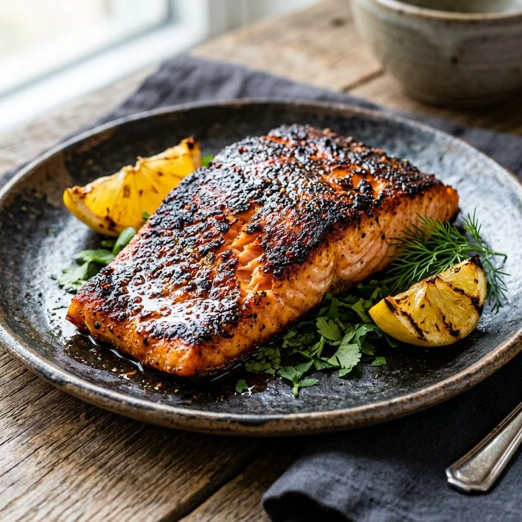 Deliciously spiced blackened salmon fillet served on a plate