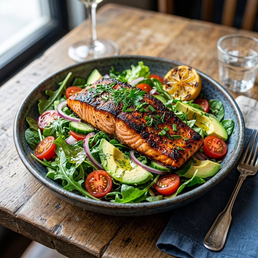Blackened salmon salad with mixed greens and vibrant vegetables