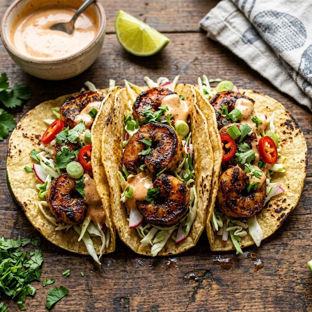 Delicious blackened shrimp tacos topped with fresh ingredients.