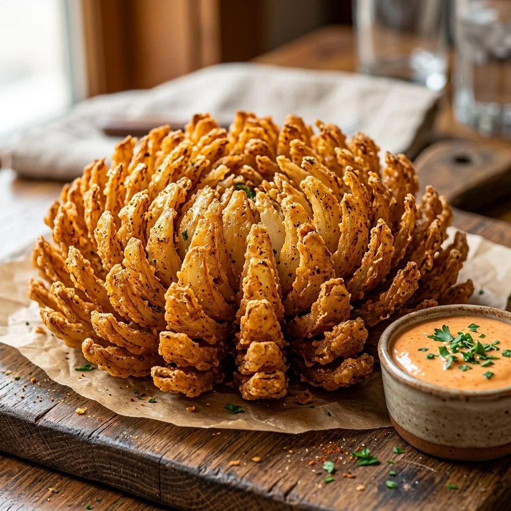 Deliciously crispy Blooming Onion served with spicy dipping sauce