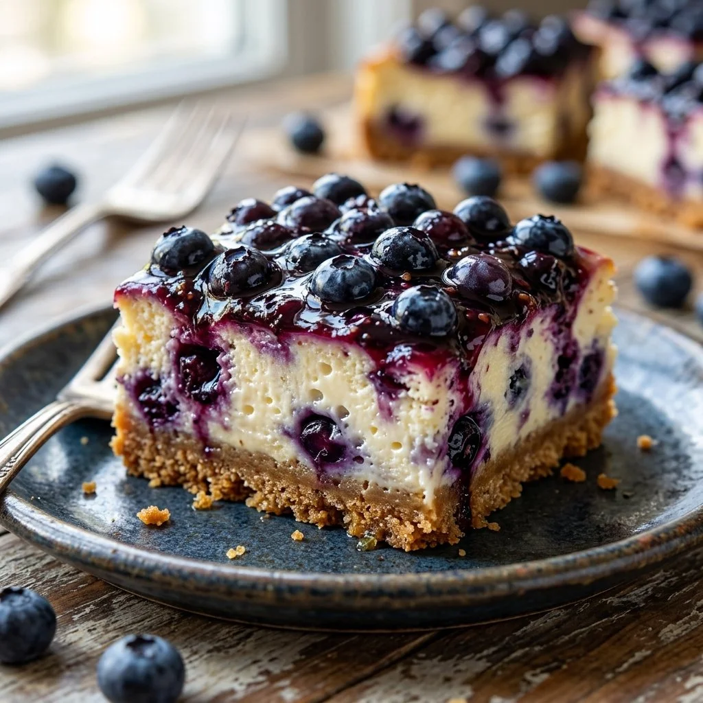 Delicious blueberry cheesecake bars with a creamy texture and fresh blueberries.