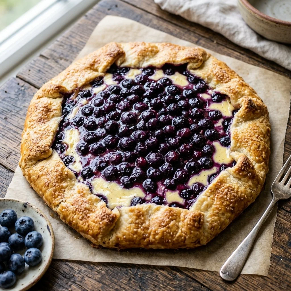 Blueberry cheesecake galette served on a white plate with fresh blueberries.