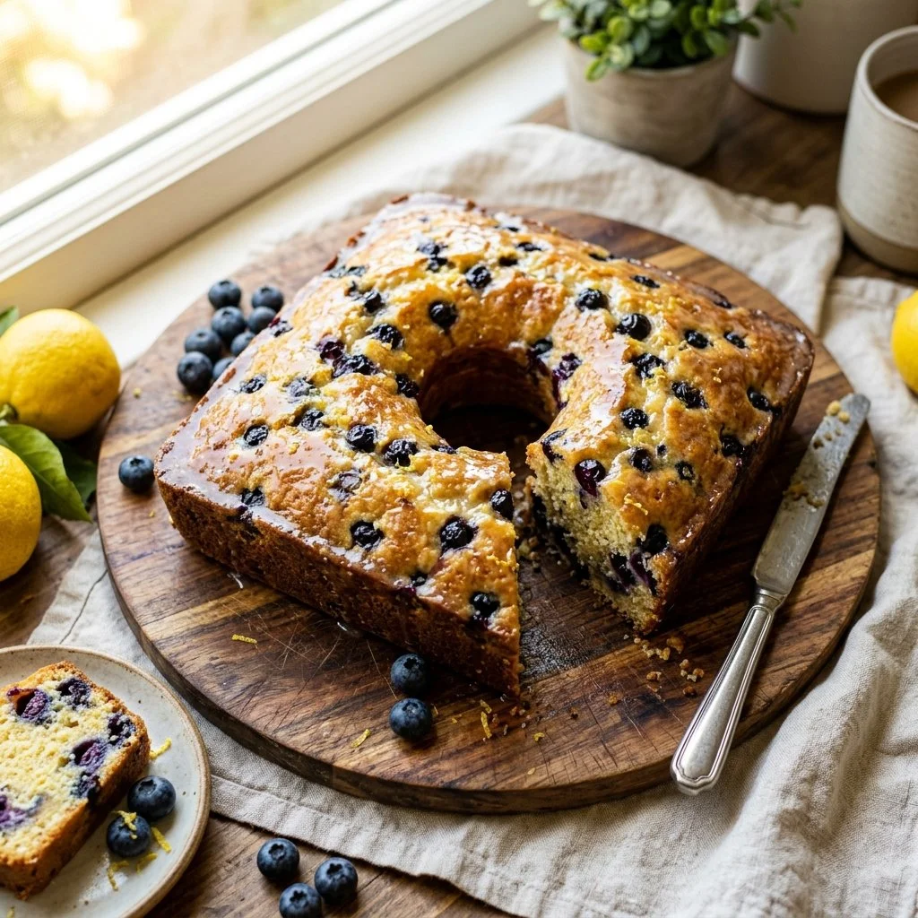 Blueberry lemon pound cake with fresh berries and glaze