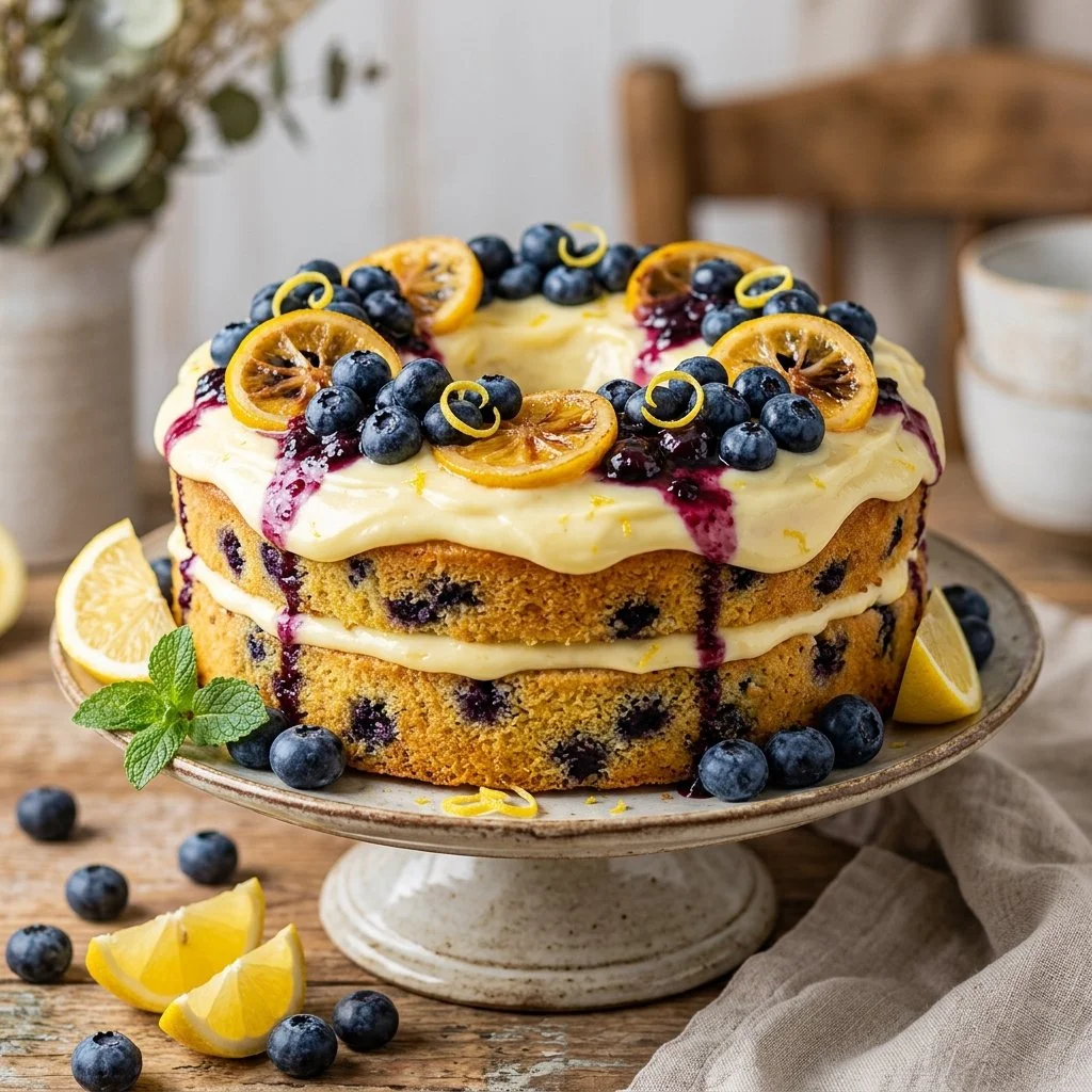 Delicious Blueberry Lemonade Cake topped with fresh blueberries and lemon zest