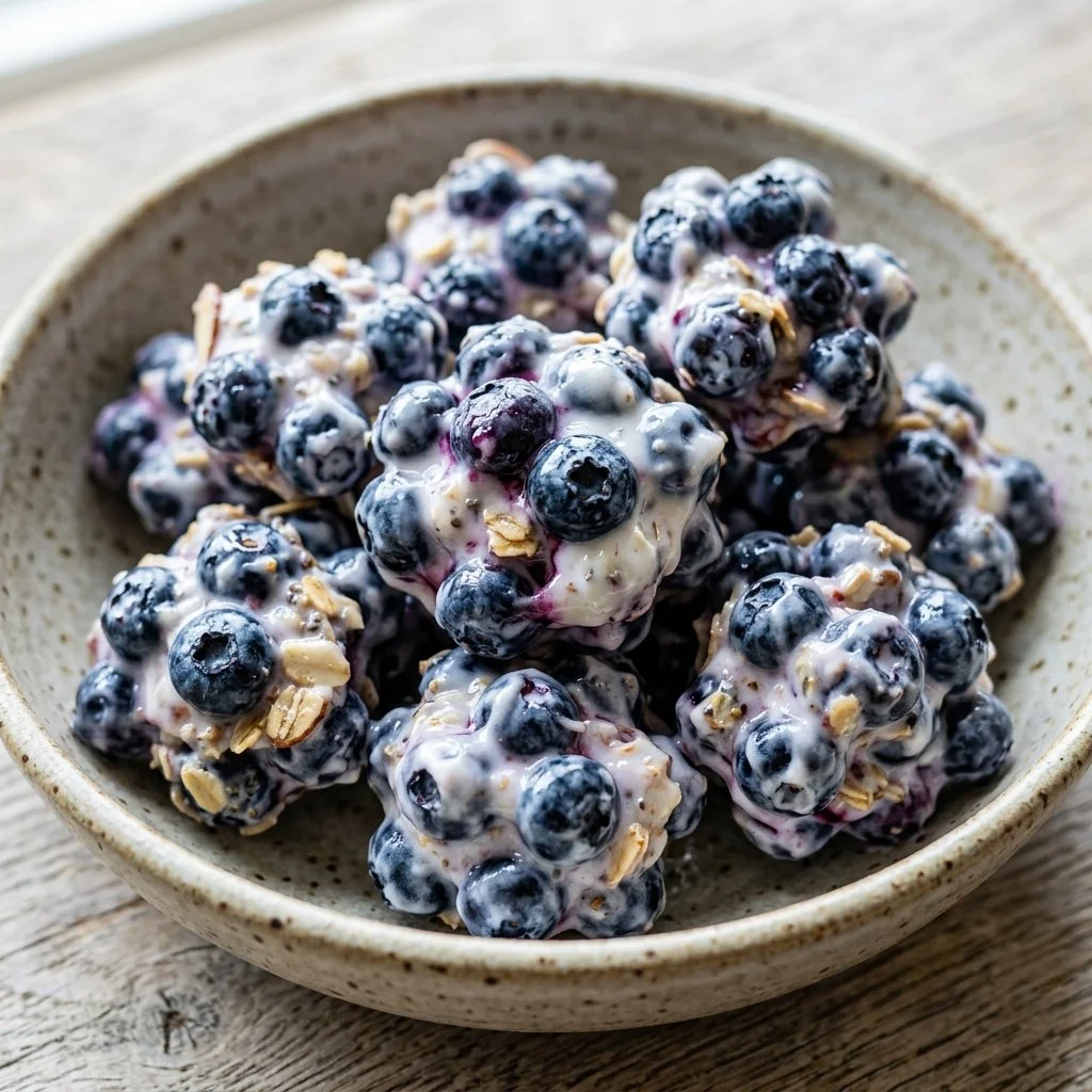 Blueberry yogurt clusters in a bowl, showcasing creamy yogurt and fresh blueberries.