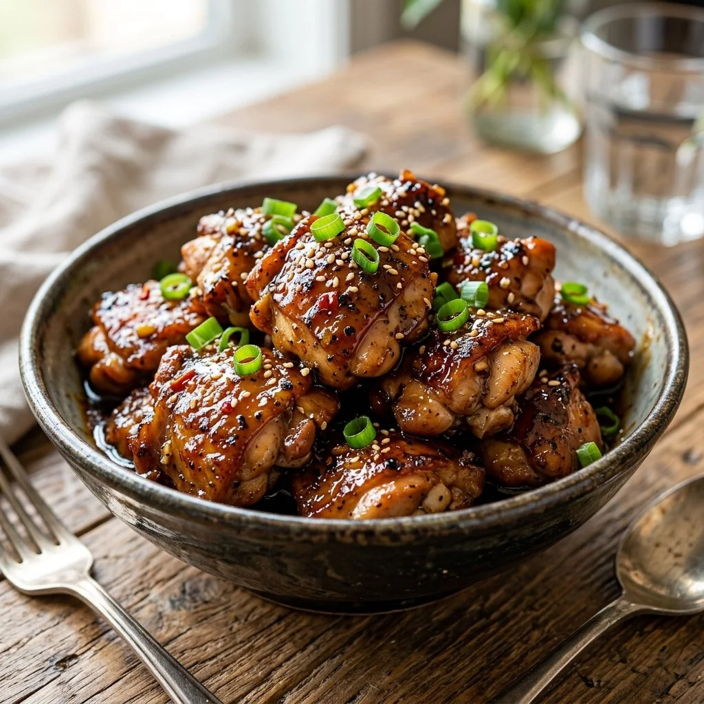 Delicious Bourbon Chicken served on a plate with vegetables