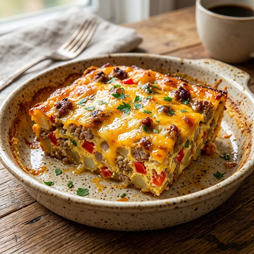 Delicious breakfast casserole with eggs, cheese, and vegetables
