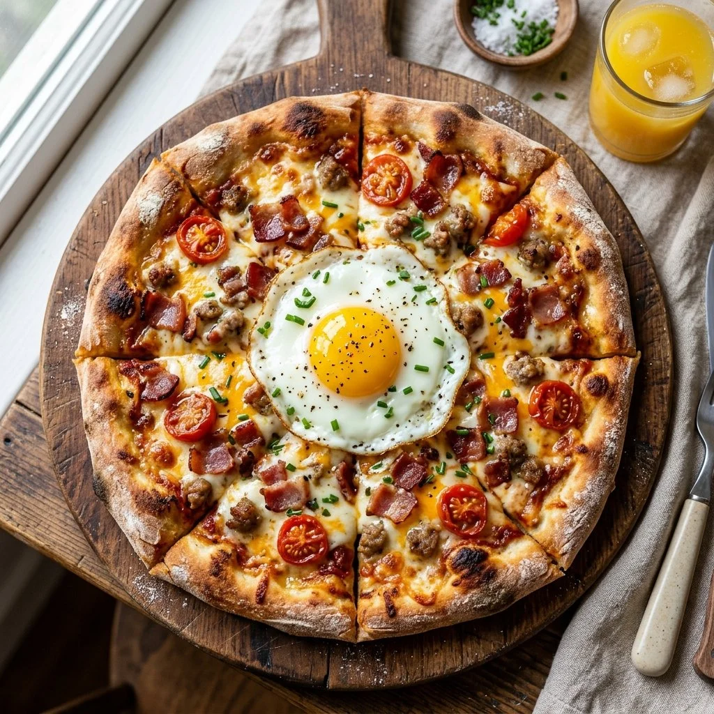 Delicious Breakfast Pizza topped with eggs, cheese, and vegetables