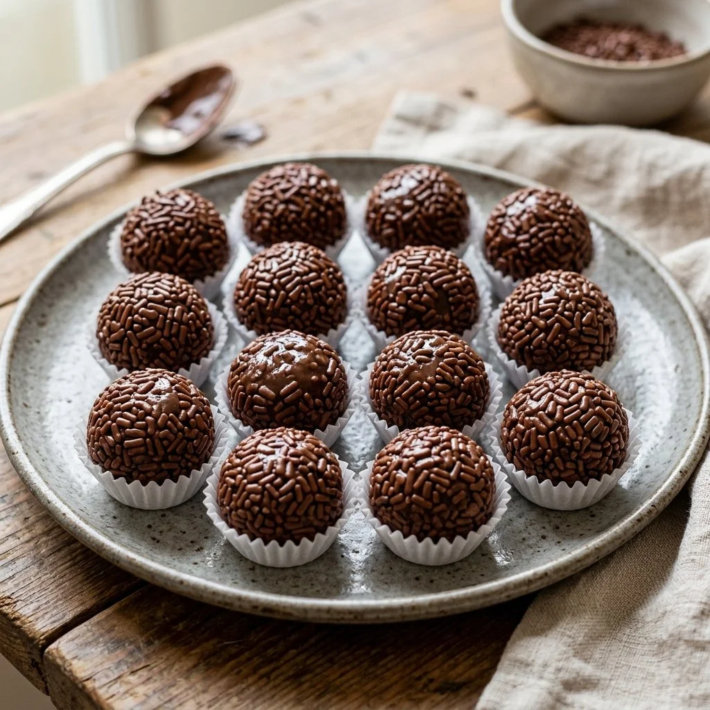 Delicious homemade Brigadeiros dipped in chocolate sprinkles