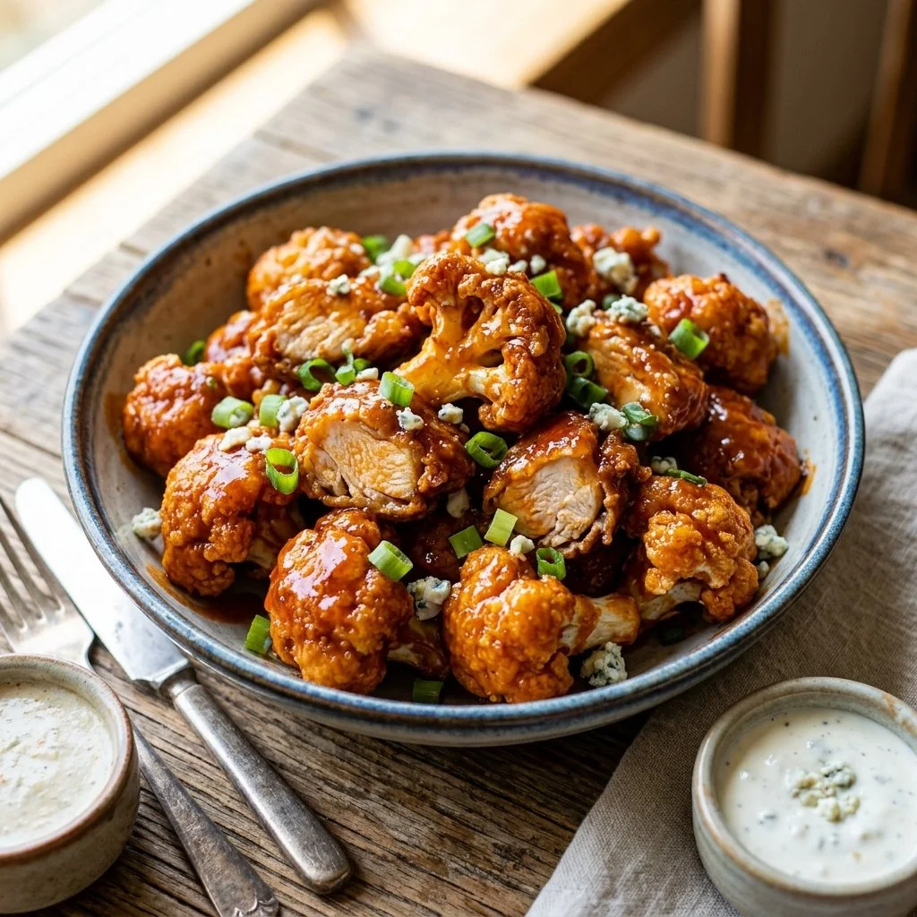 Delicious Buffalo Cauliflower Chicken served with dipping sauce